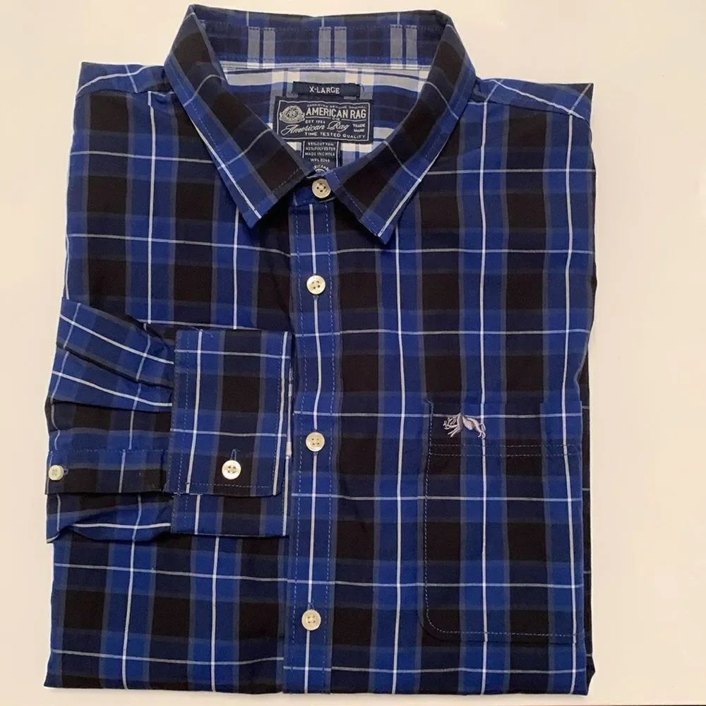 American Rag Plaid Navy Blue Black Cotton Blend Long Sleeve Men’s Shirt Size XL